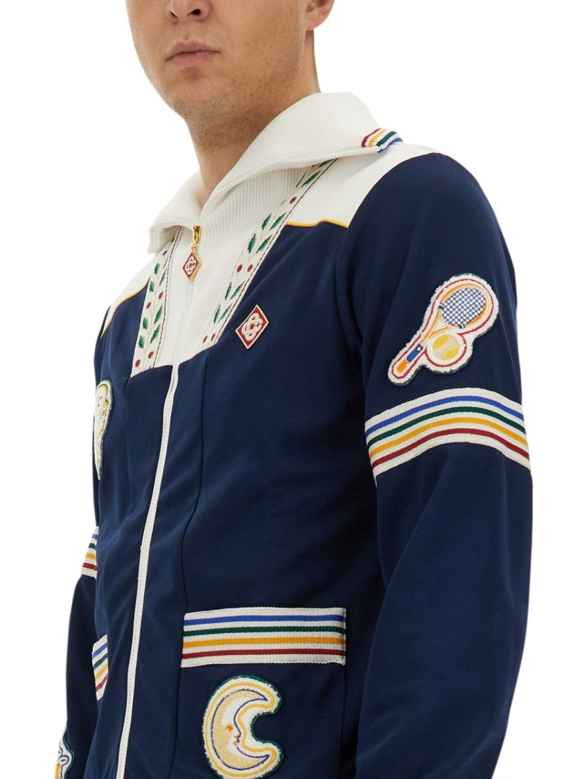 Casablanca Navy Zip Sweatshirt With Embroidered Patches