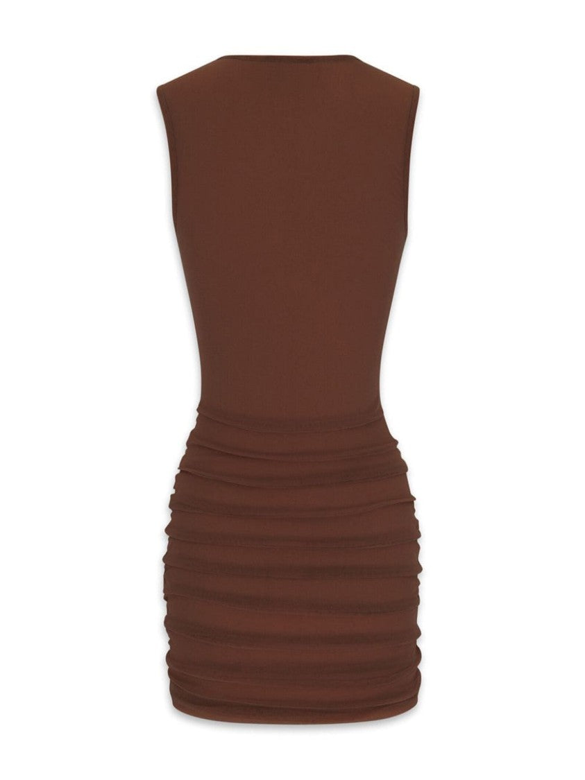 Saint Laurent Gathered Side Dress In Rich Brown Polyamide