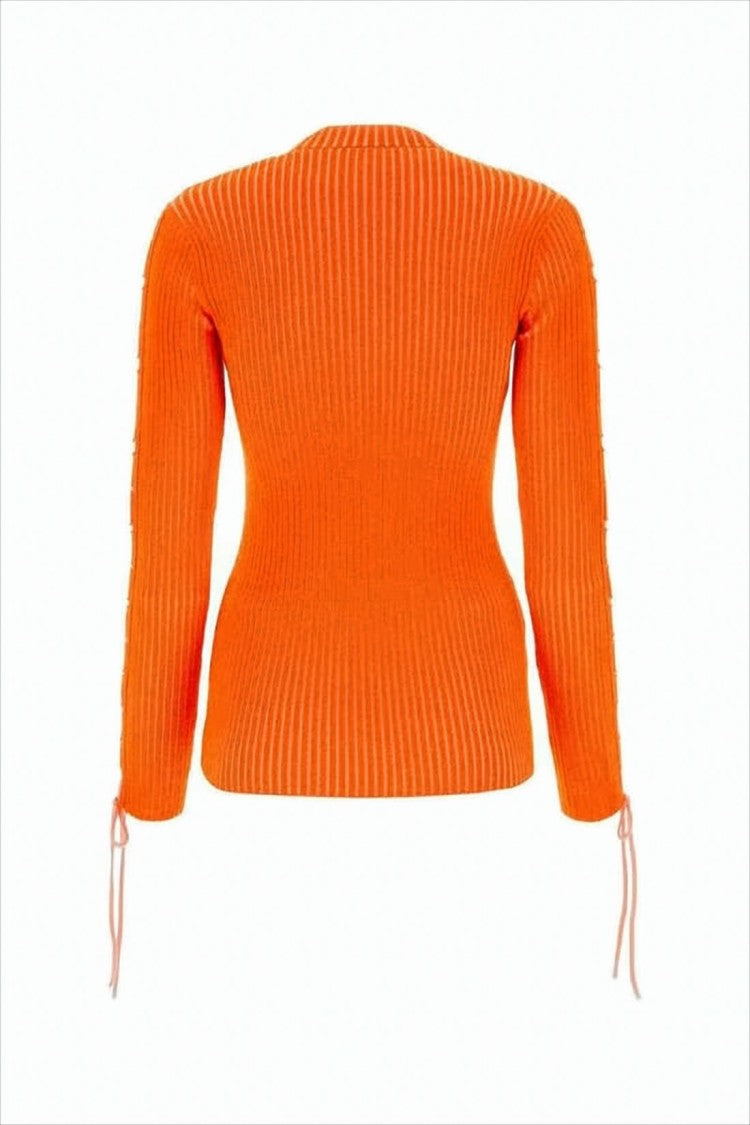 Off-White Vibrant Orange Ribbed Knit Sweater With Adjustable Ties