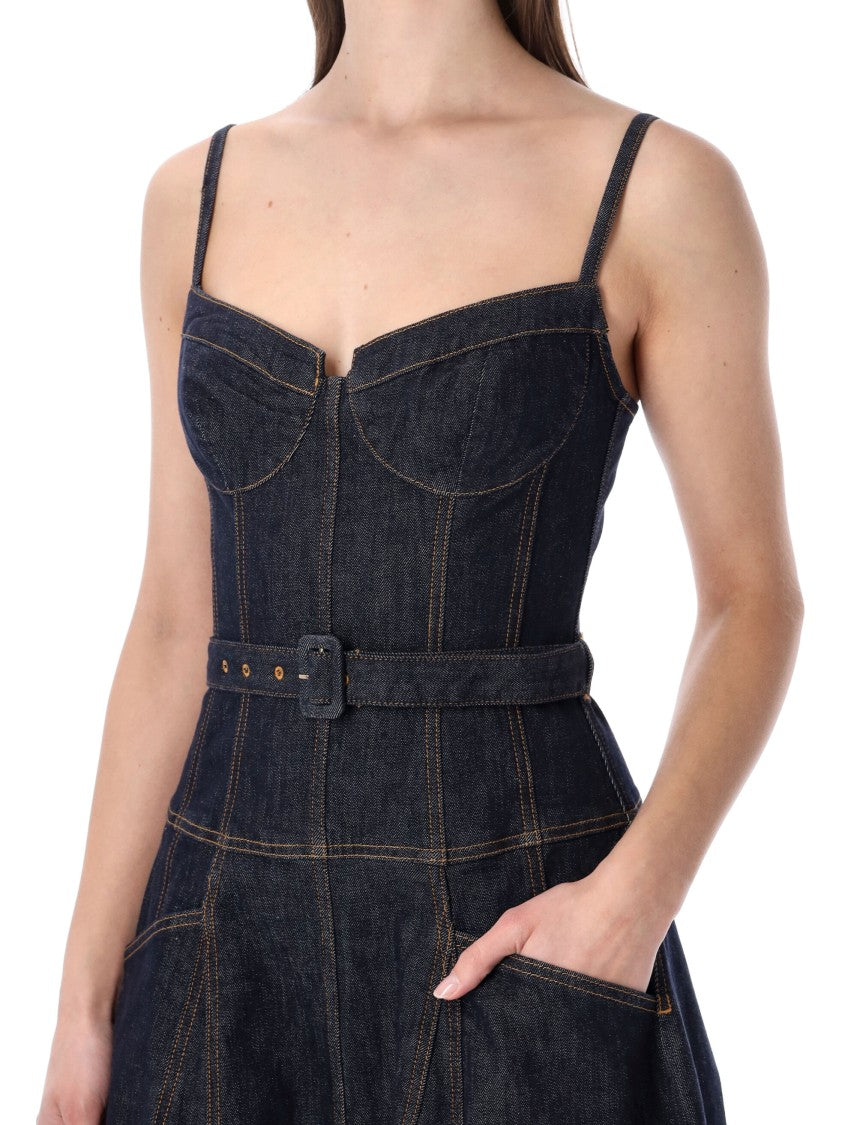 Self-Portrait Blue Sweetheart Neck Fluid Denim Dress