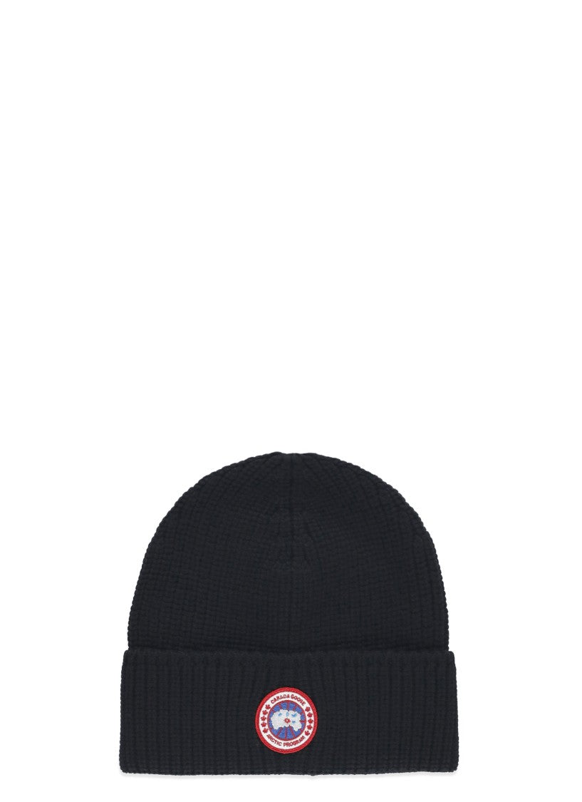 Canada Goose Black Wool Beanie With Contrasting Logo Patch