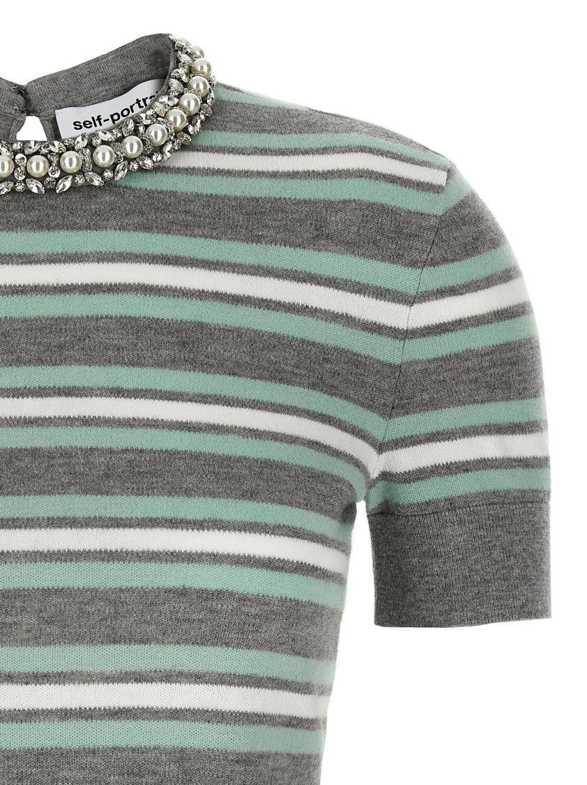 Self-Portrait Grey Striped Crystal Trim Knit' Sweater