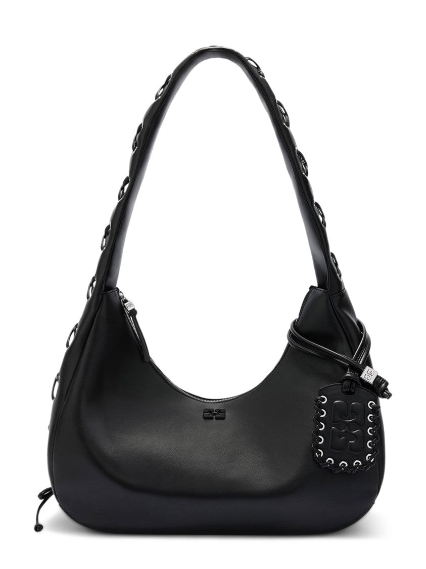 Ganni Black Hobo Bag With Lace-Up Detail And Minimalist Design