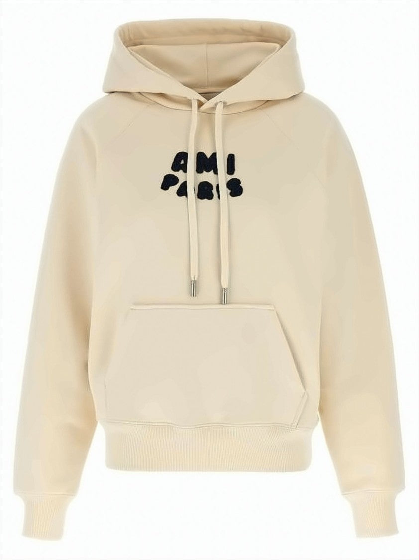 Ami Paris Cropped Cotton Hoodie With Raglan Sleeves
