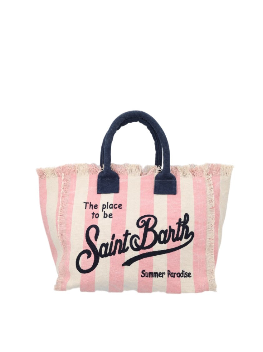 Mc2 Saint Barth Medium Canvas Tote Bag With Striped Design And Fringed Edges