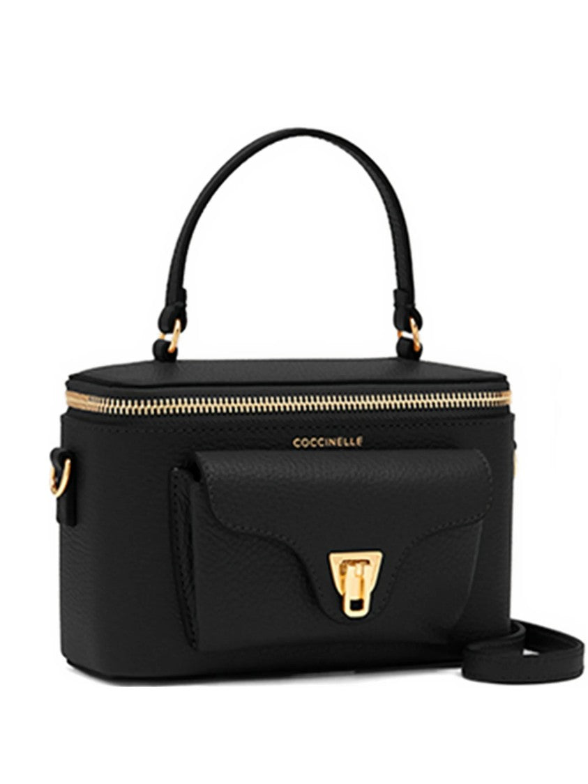 Coccinelle Structured Black Leather Shoulder Bag With Gold Accents