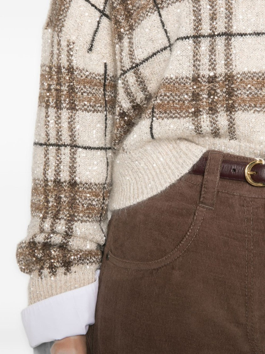 Brunello Cucinelli Multicolor Textured Knit Cropped Plaid Sweater