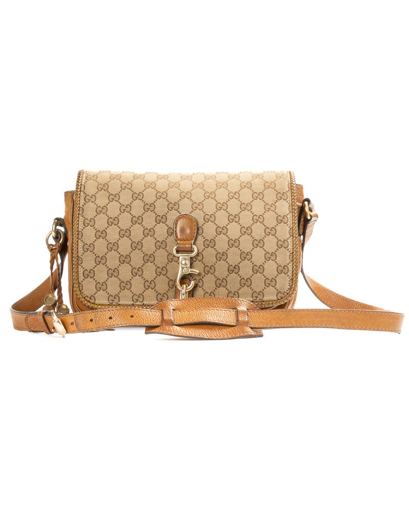 Gucci Vintage Gg Supreme Canvas Shoulder Bag With Brown Leather Accents