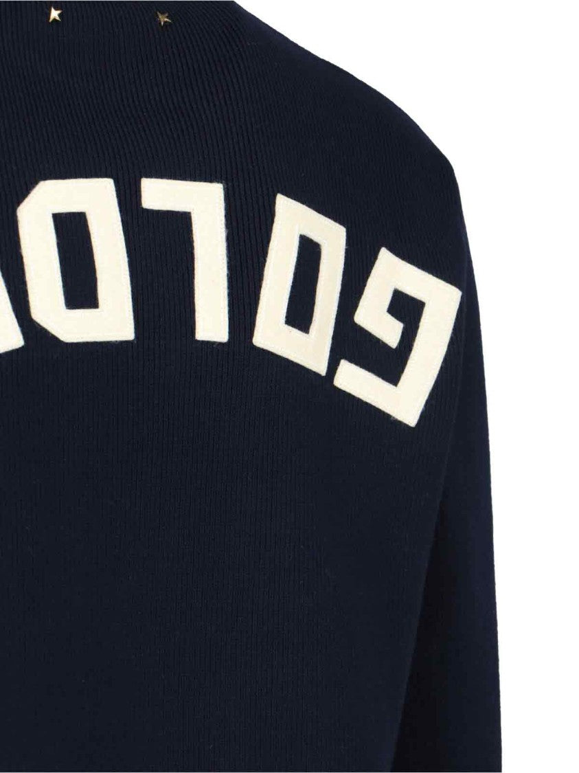 Golden Goose Navy Ribbed Knit Sweater With Logo Patches
