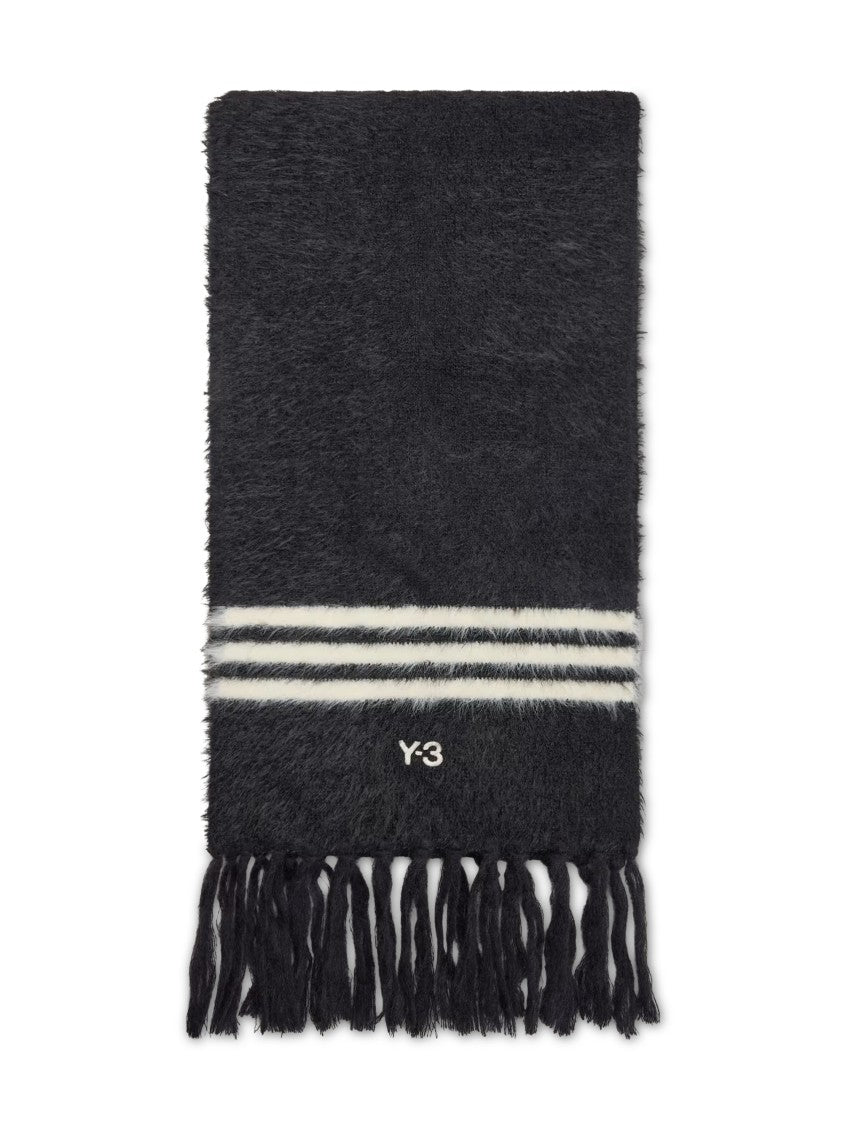 Y-3 Textured Black White Striped Fringed Scarf