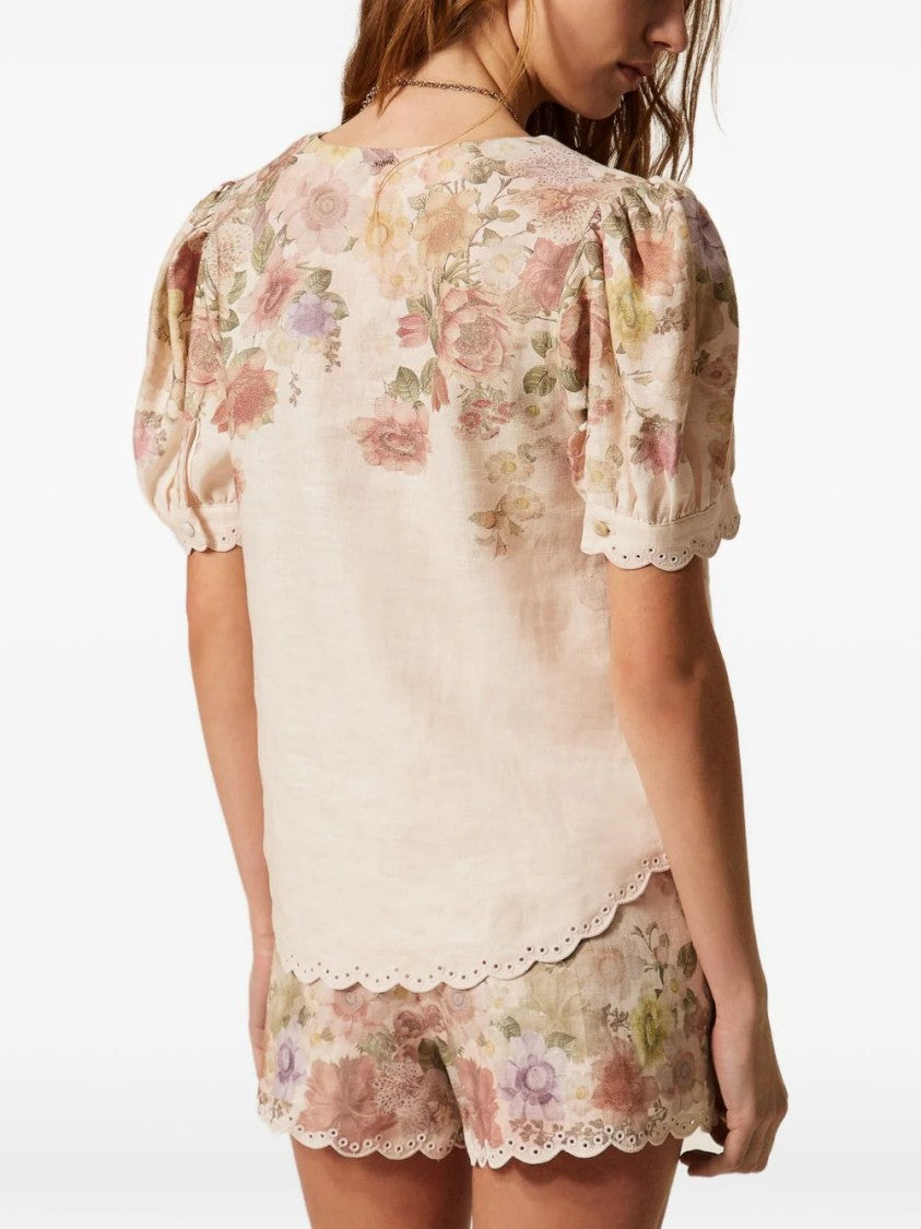 Twin-Set Short-Sleeved Floral Print Top With Scalloped Details