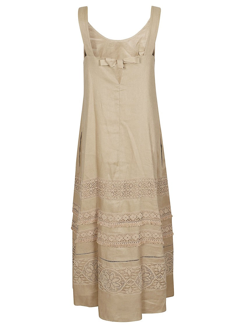 Max Mara Sleeveless A-Line Dress With Lace Detailing And Bow Accent