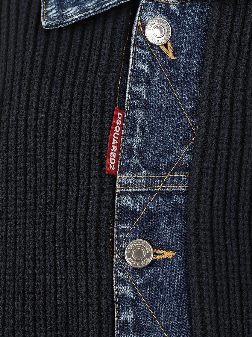 Dsquared2 Denim Mix Cardigan With Structured Knit And Sporty Detailing