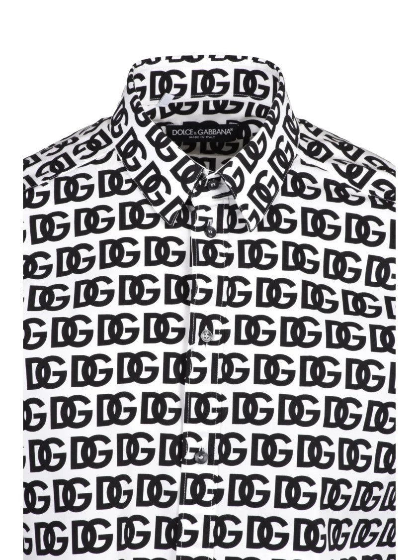 Dolce & Gabbana White/Black Logo Print Stretch Cotton Shirt