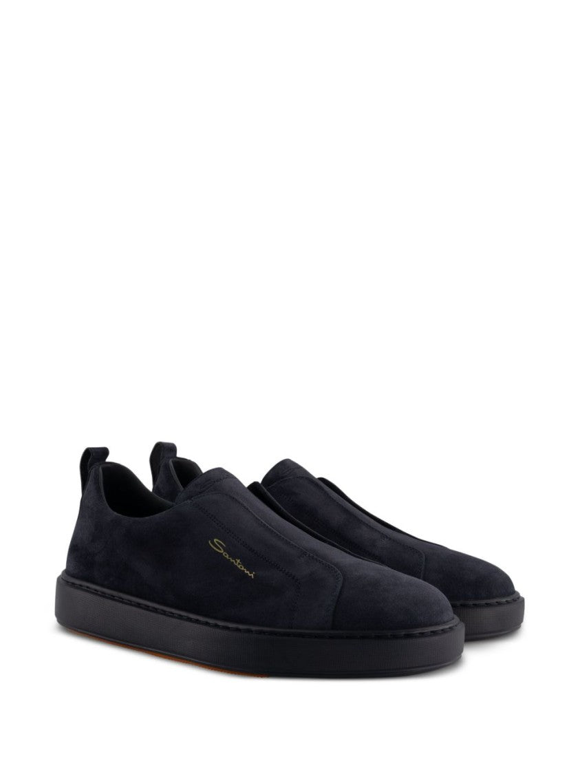 Santoni Midnight Blue Calf Suede Slip-On Sneakers