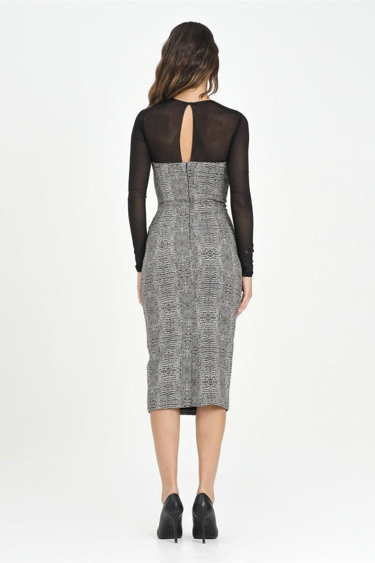 Elisabetta Franchi Grey Reptile-Print Sheer Mesh Sleeves Viscose-Blend Dress