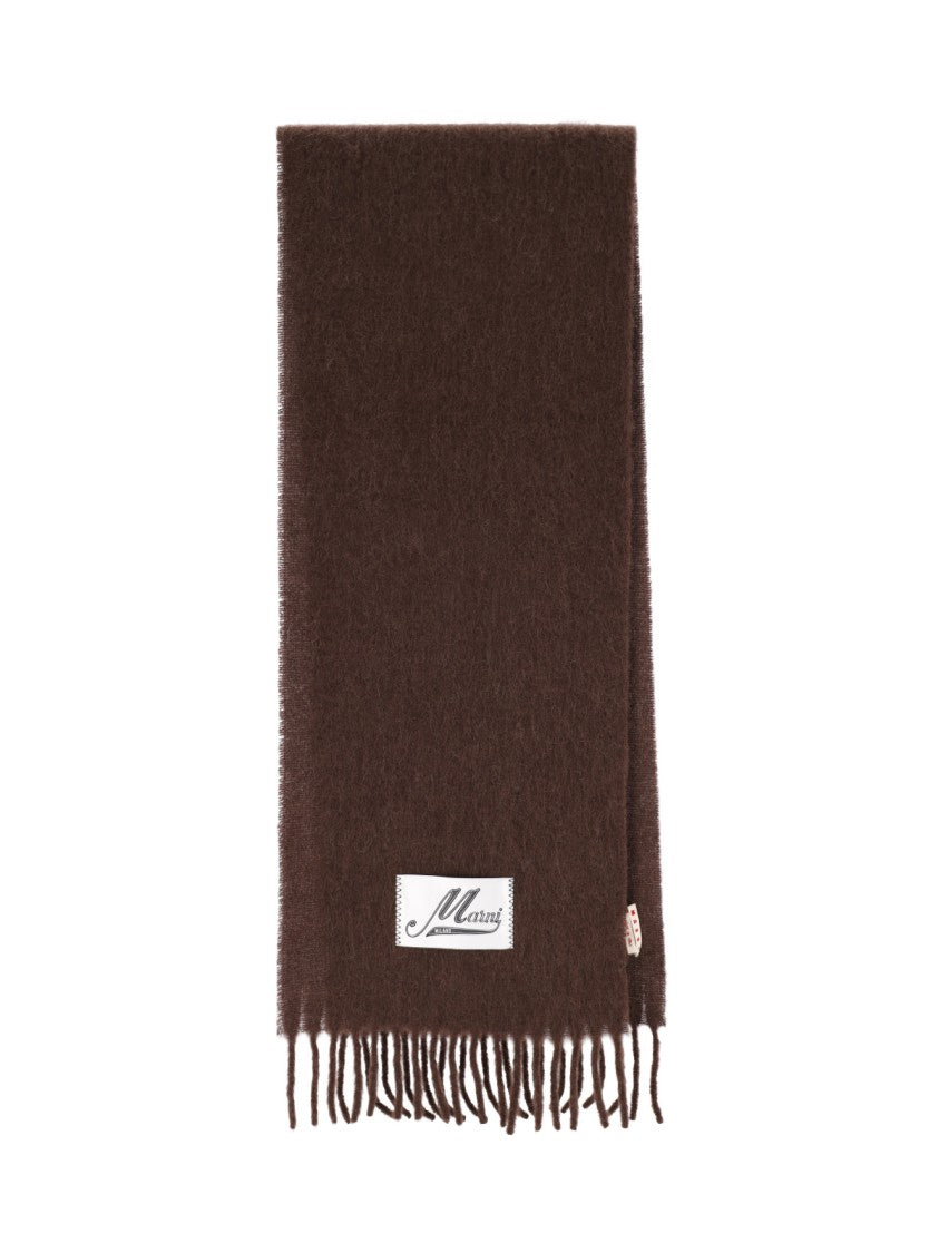 Marni Fringed Brown Alpaca Blend Scarf With Logo Tag