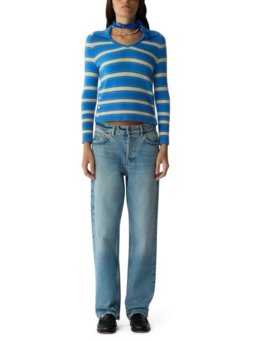 Guest In Residence Fitted Knit Polo Top With Horizontal Stripes