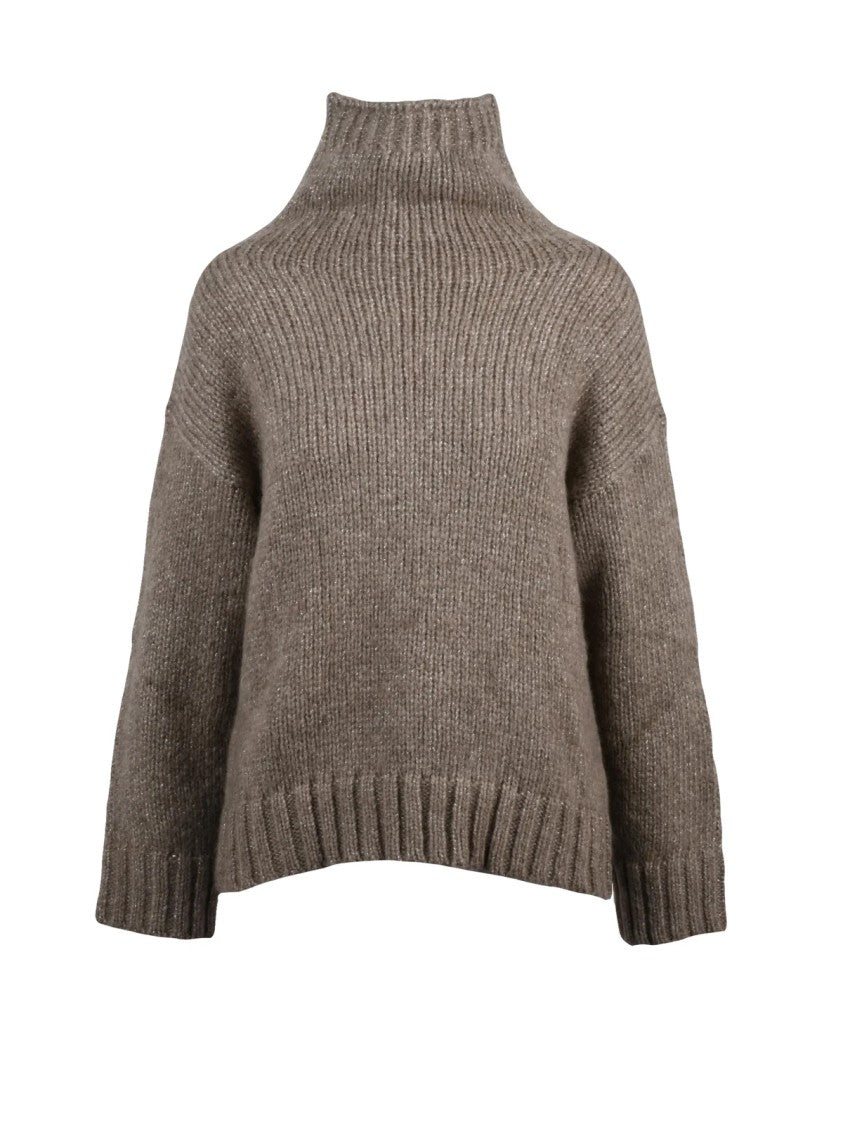 Alpha Studio High Neck Sweater With Lamé Inlay And Relaxed Fit