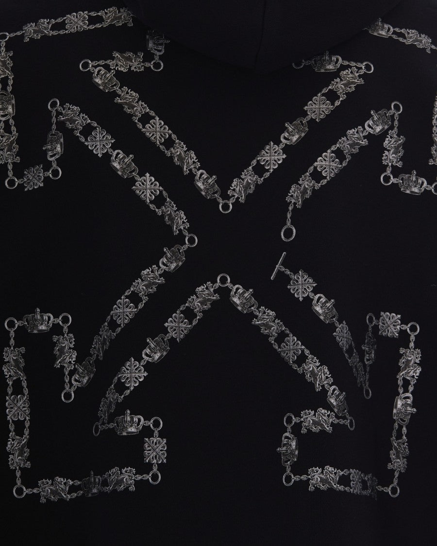 Off-White Pullover Hoodie With Chain Arrow Motifs And Drawstring Hood
