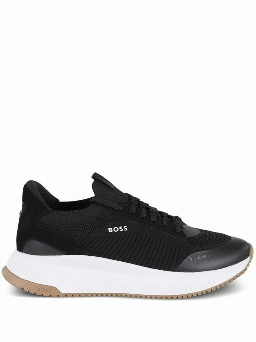 Hugo Boss Textured Knit Black Sneakers With Ridged Midsole