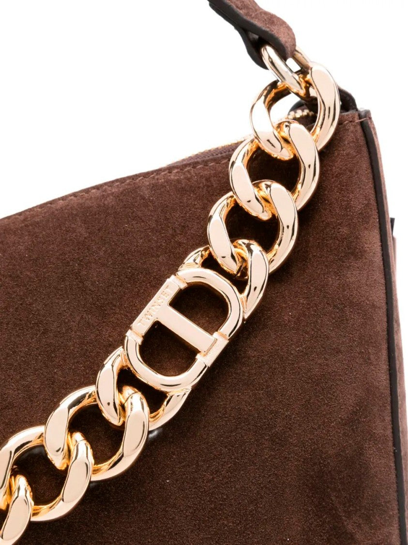 Twin-Set Suede Crossbody Bag With Gold Chain Strap