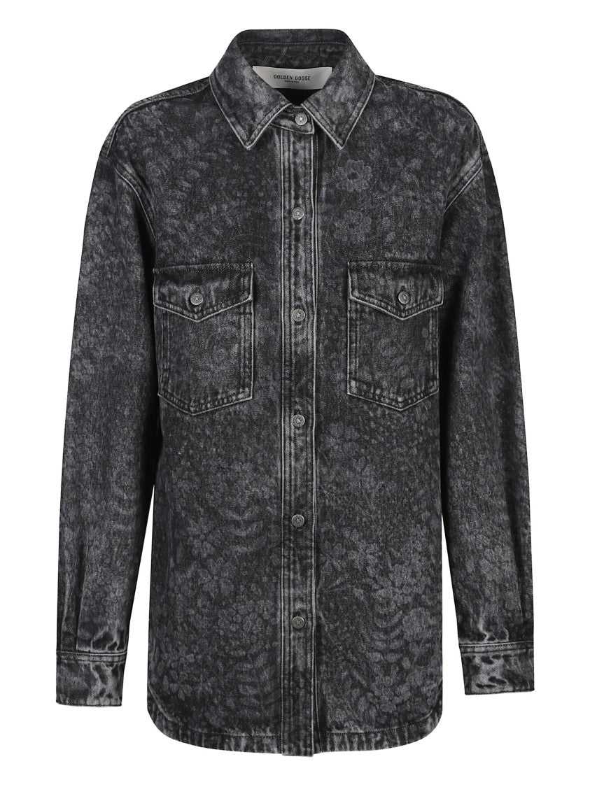 Golden Goose Washed Black Denim Floral Pattern Shirt