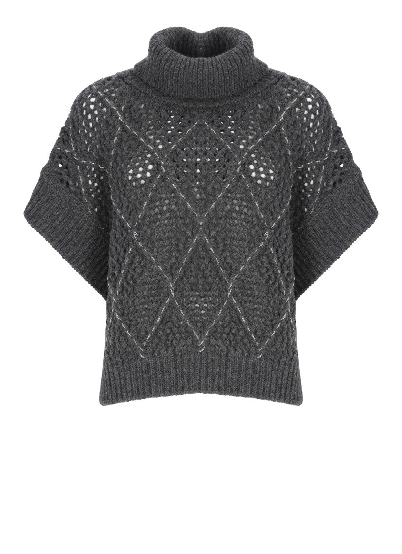 Peserico Grey Perforated Beaded High-Neck Cape