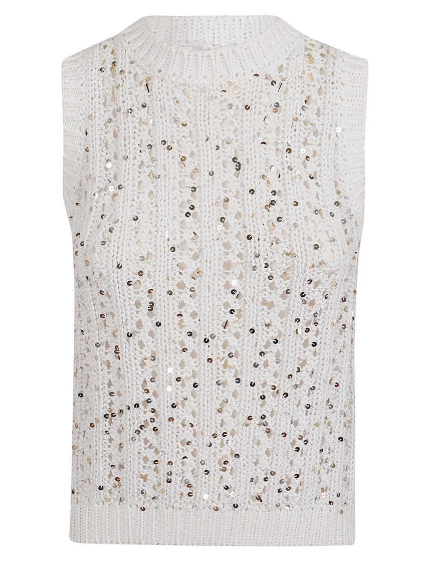 Peserico Knit Vest Top With Crocheted Openwork And Micro-Sequin Detail