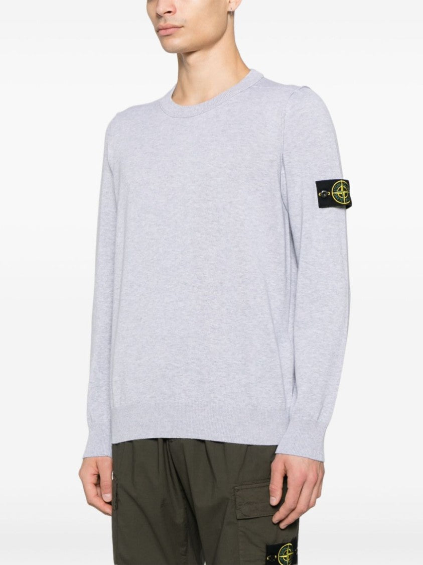 Stone Island Crew Neck Grey Knit Sweatshirt With Logo Patch