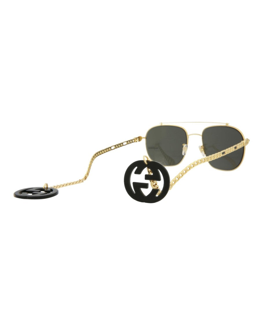 Gucci Square-Frame Metal Sunglasses With Chain-Link Temples