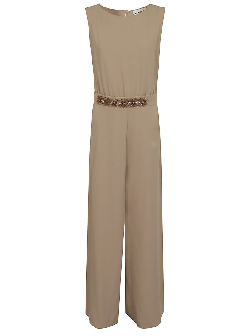 Parosh Beige Floral Applique Jumpsuit With Keyhole Back
