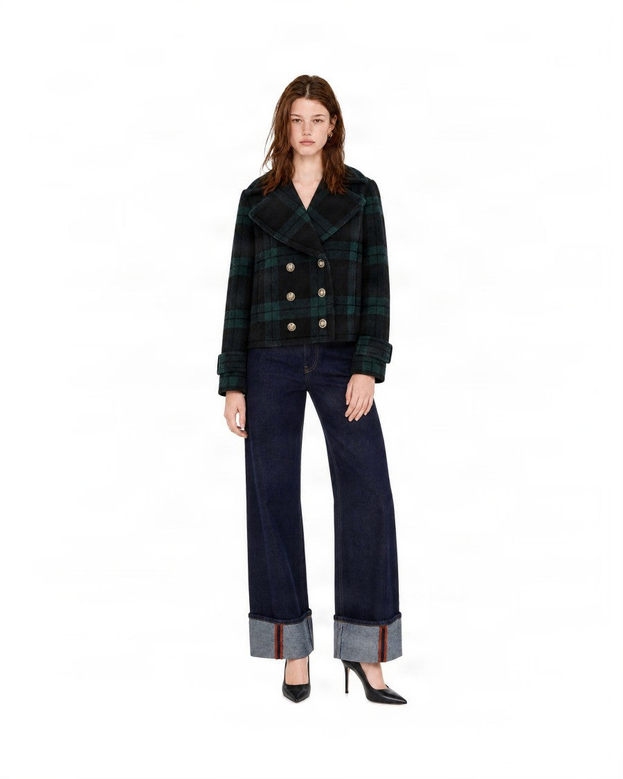 Liu Jo Cropped Double-Breasted Coat With Checkered Pattern And Notched Lapel