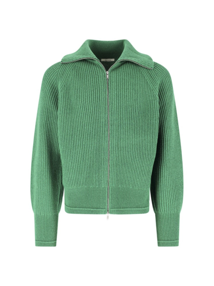 Entire Studios Green Blimp Oversized-Collar Wool Zip Cardigan
