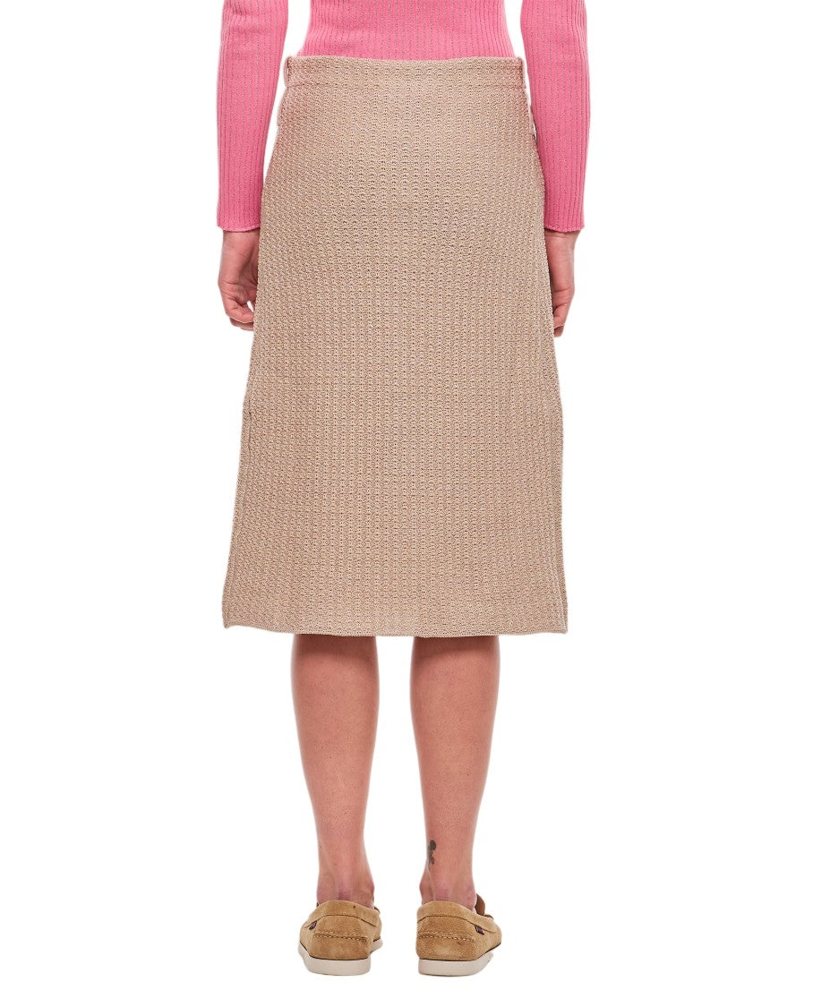 Cormio Beige Knit Midi Skirt With Embroidered Flower Pockets