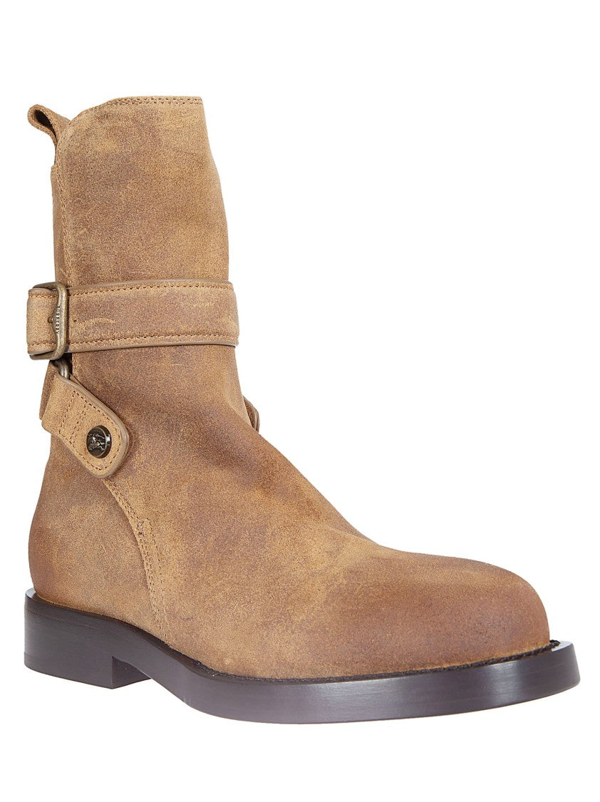Burberry Round Toe Ankle Boots With Adjustable Straps And Metal Buckles