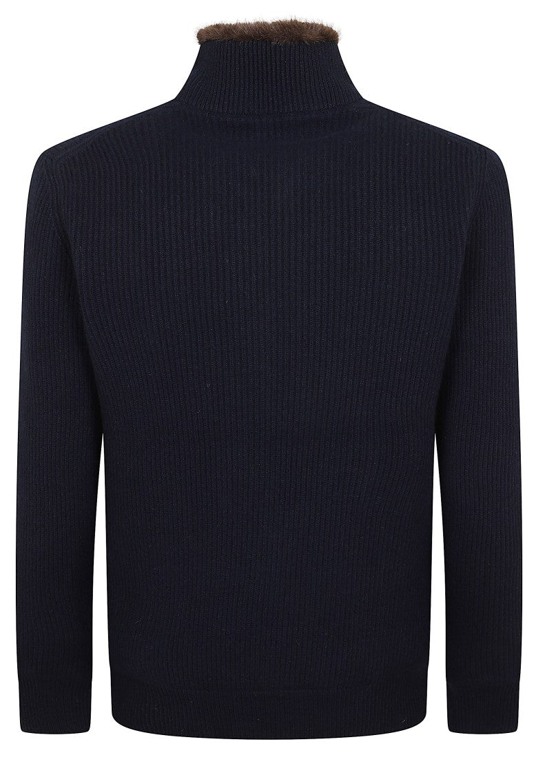 Barba Napoli Navy Blue Ribbed Faux Fur Knit Cardigan