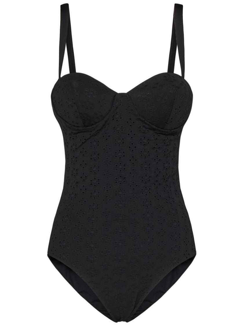 Fisico Broderie Anglaise-Effect Black Microfibre Swimsuit