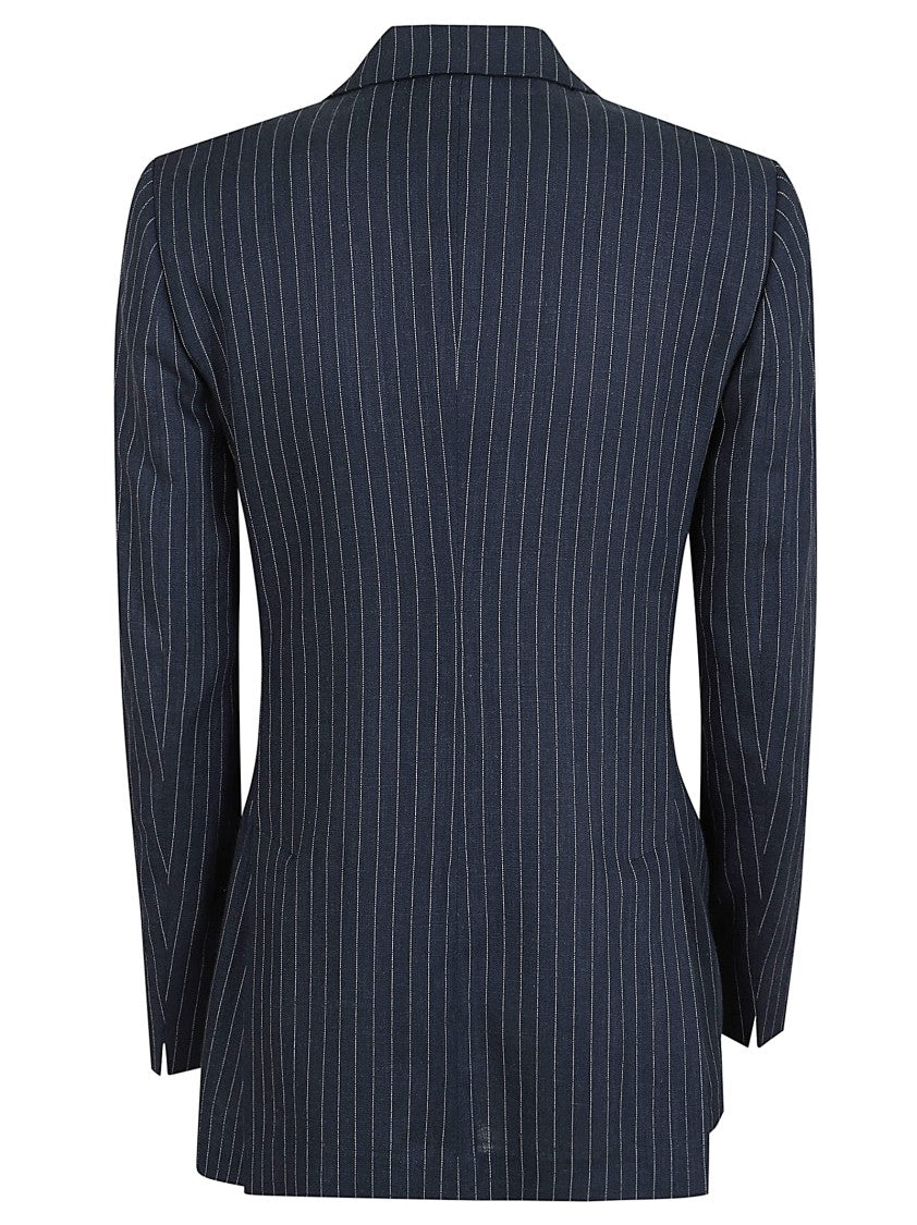 Lardini Double-Breasted Blue Pinstriped Linen Jacket With Wide Lapel