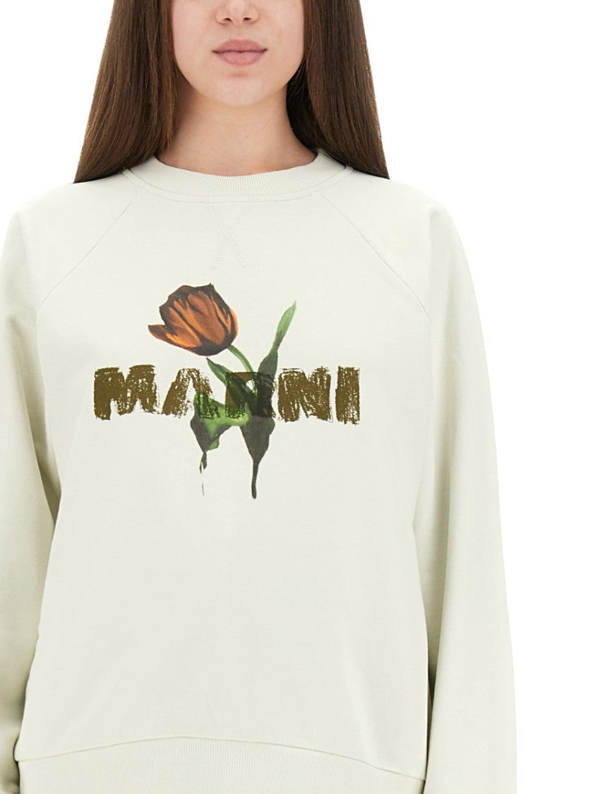 Marni White Cotton Sweatshirt With Tulip Print