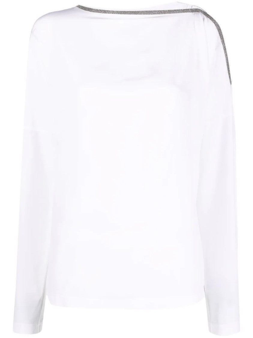 Brunello Cucinelli Long-Sleeve White Knit Top With Unique Shoulder Detail
