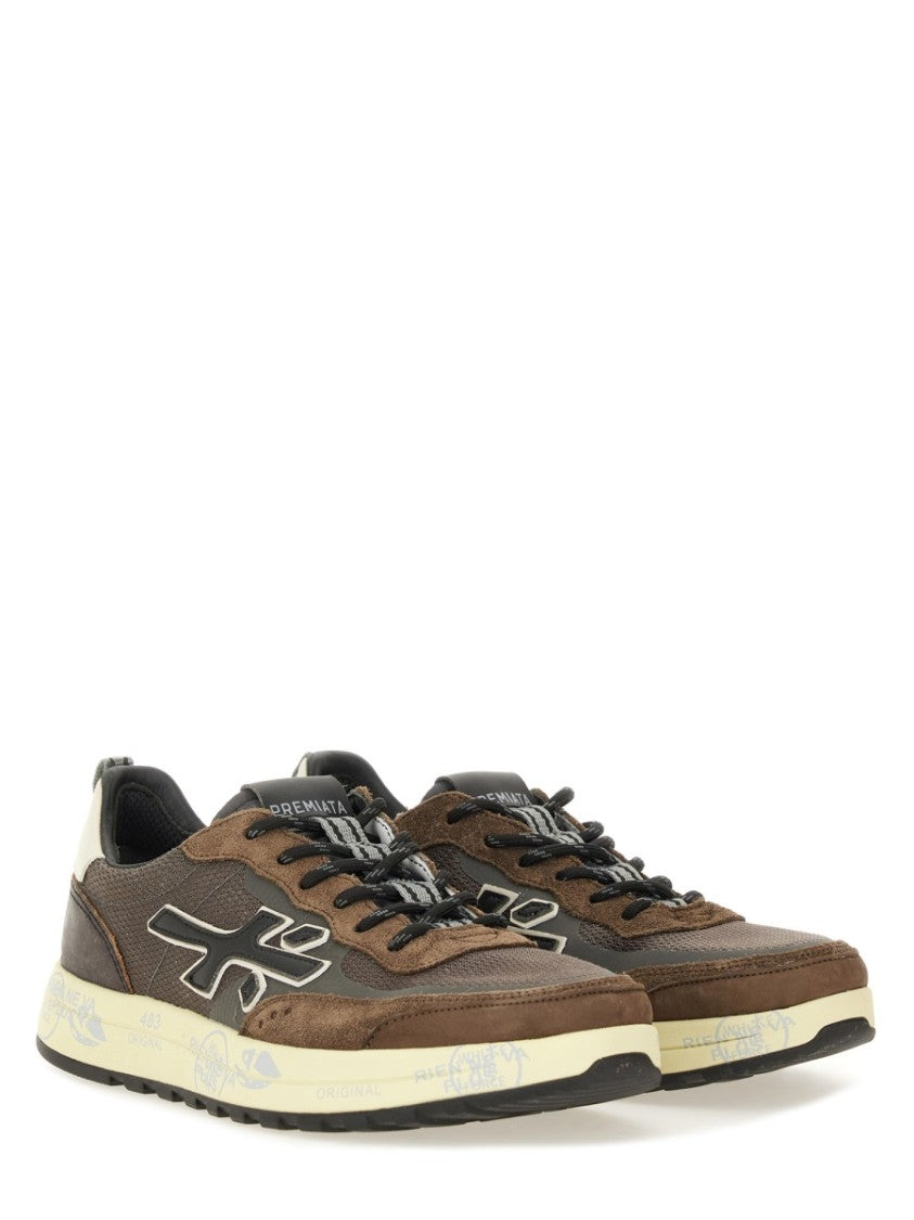 Premiata Layered Brown Sneakers With Textured Accents And Cream Sole