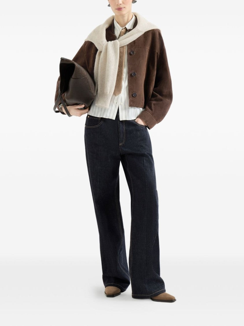 Brunello Cucinelli Brown Cropped Boxy Lamb Suede Jacket