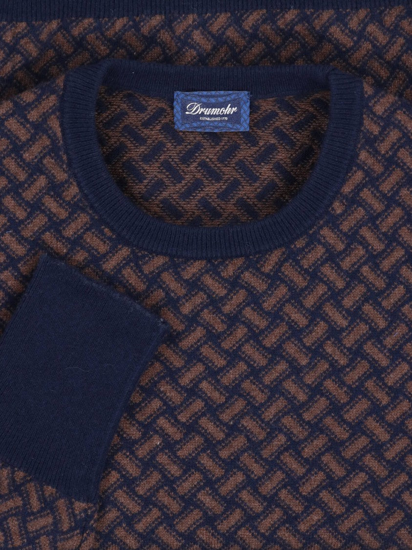 Drumohr Blue Brown All-Over Pattern Cashmere Sweater