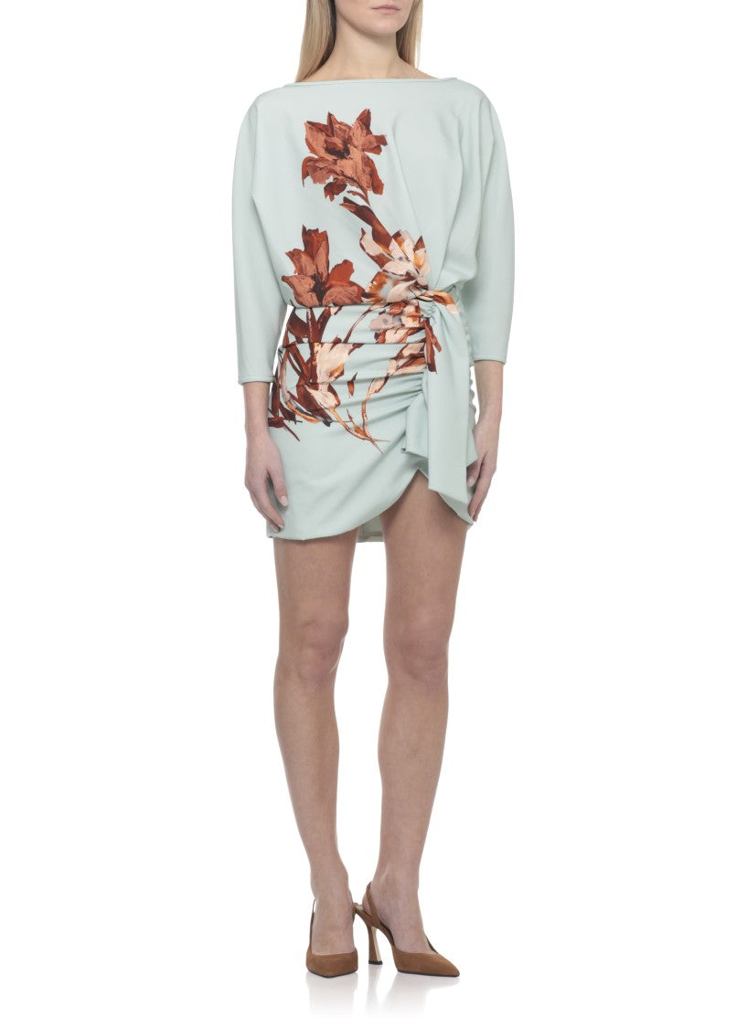 Costarellos Aqua Green Crepe Dress With Floral Print And Draping Detail