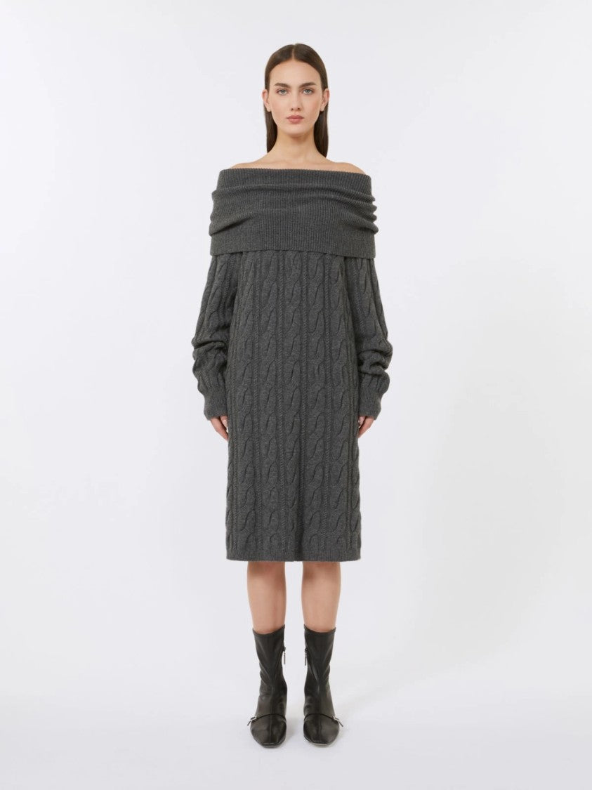 Max Mara Charcoal Grey Midi Dress With Cable-Knit Texture