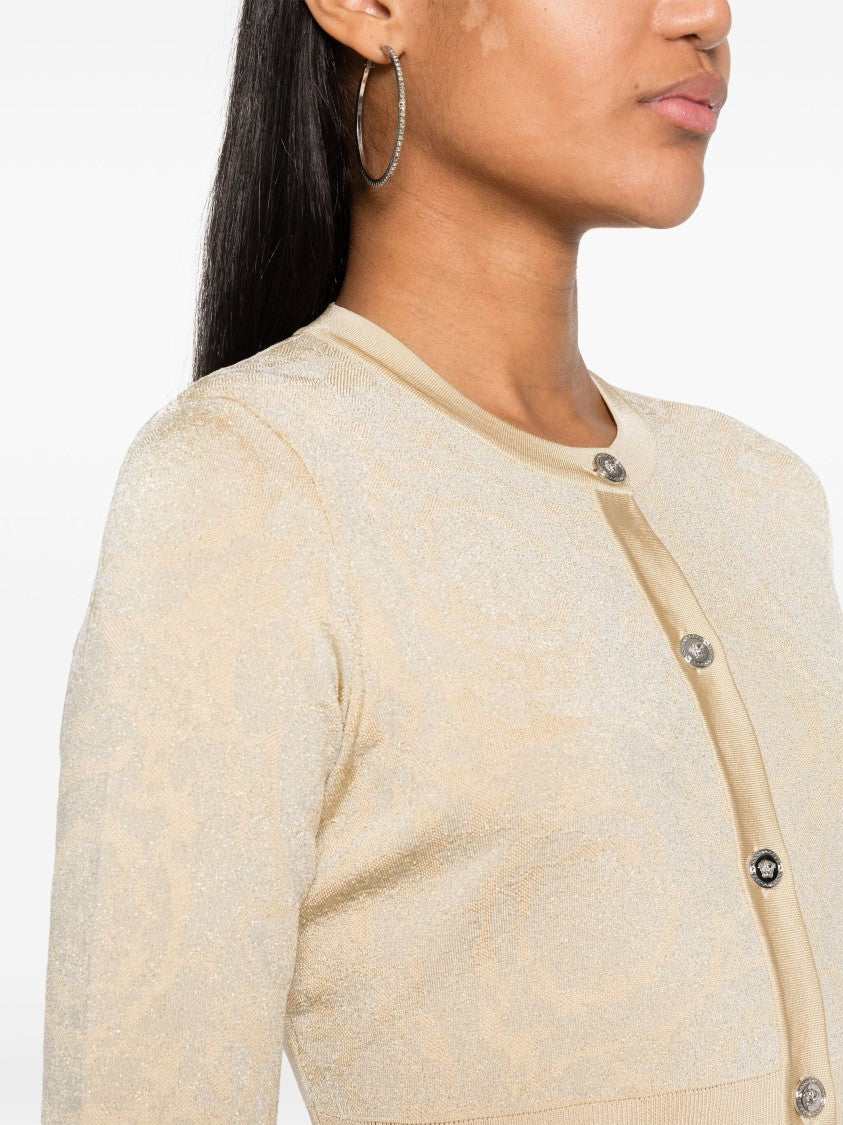 Versace Beige Cropped Baroque Lurex Knit Cardigan