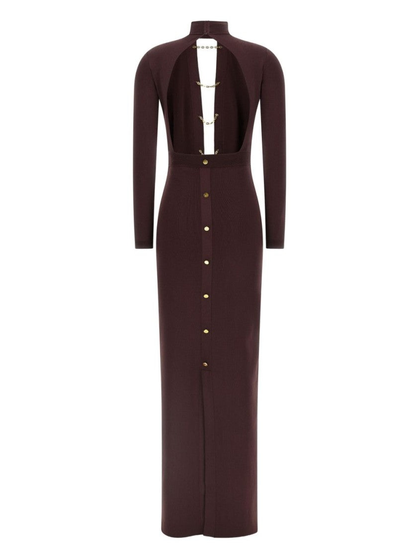 Elisabetta Franchi Burgundy Midi Dress With Gold Chain Cutouts