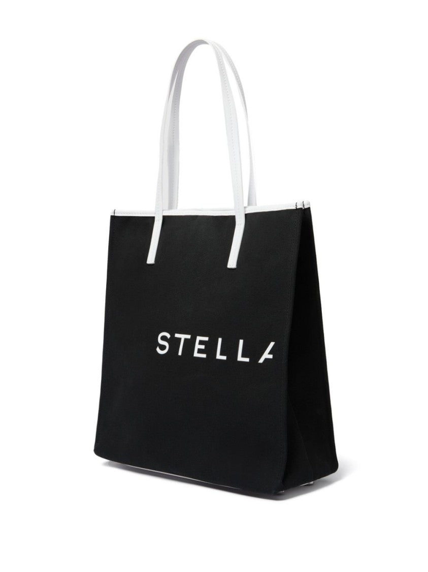 Stella Mccartney Black Canvas Tote Bag With Logo Prints And Moon Charm