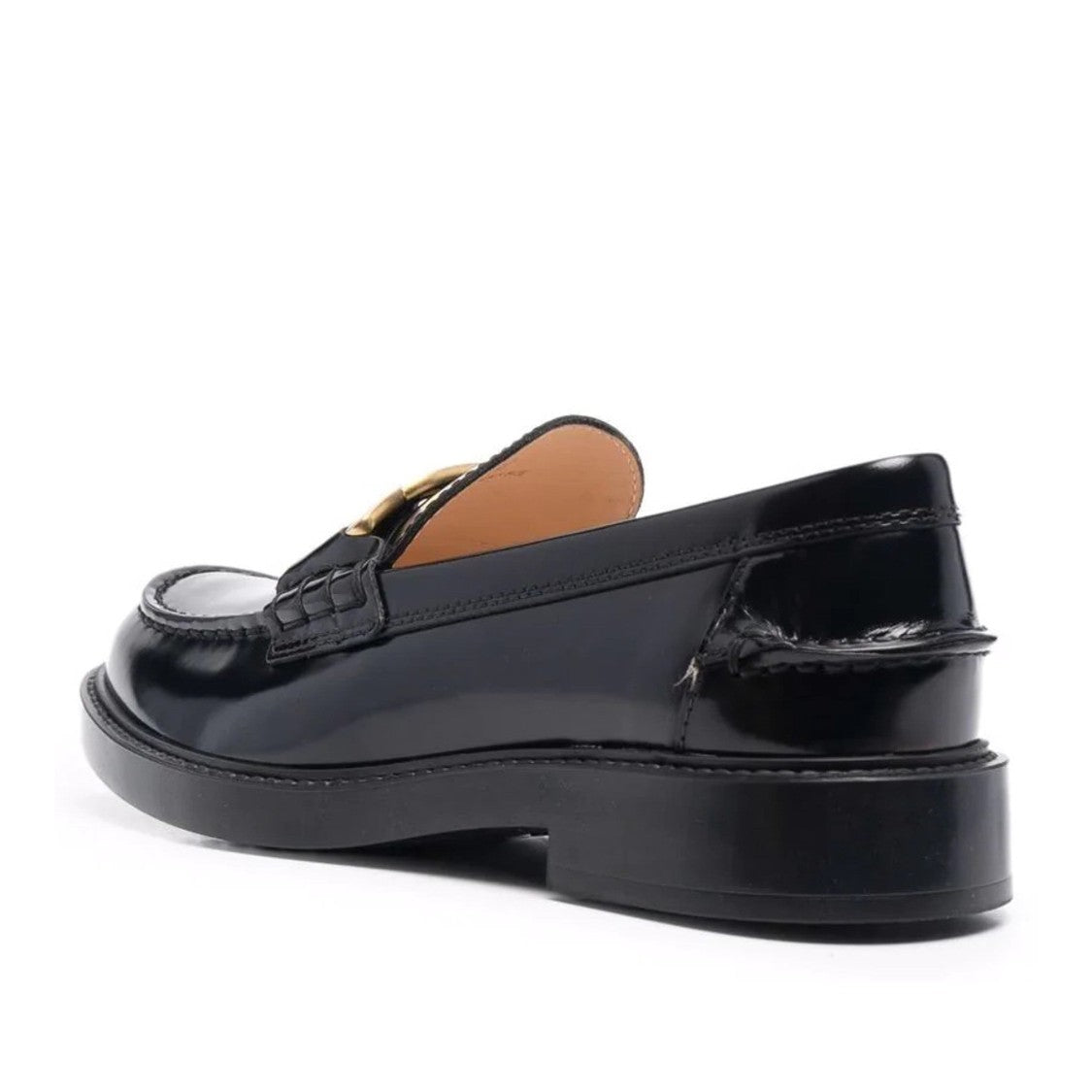 Tod's Gomma Basso 59C Black Gold-Tone Chain Leather Loafers